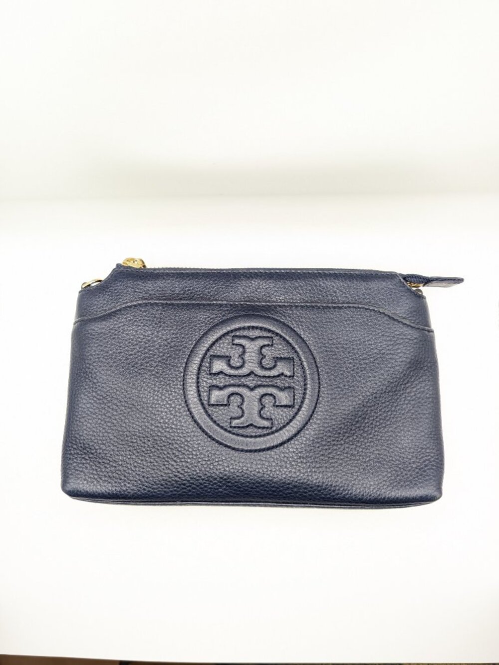 Tory Burch Navy Perry Bombé Double-Zip Crossbody | Gold Chain Strap | Pebbled - Picture 5 of 7